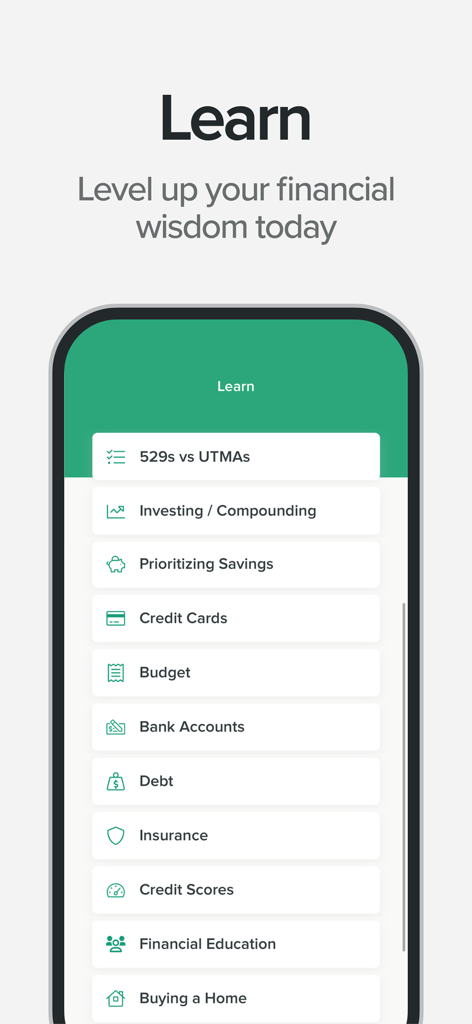 UNest: Investing for Your Kids - The UNest app learning screen featuring financial education modules for topics like investing and savings