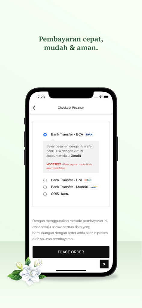 Naavagreen Natural Skincare - Naavagreen Natural Skincare app checkout screen showing secure payment options including bank transfers and QRIS