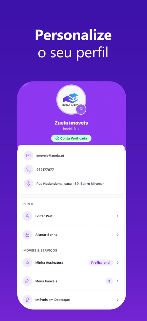 Zuela Imoveis - User profile management screen in the Zuela Imoveis real estate app showing verified account details and listing options