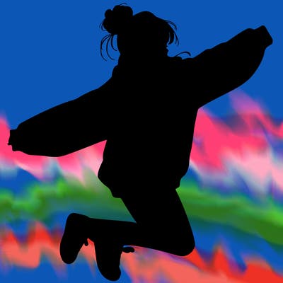 realistic girl jumping with a bun and oversized sweatshirt