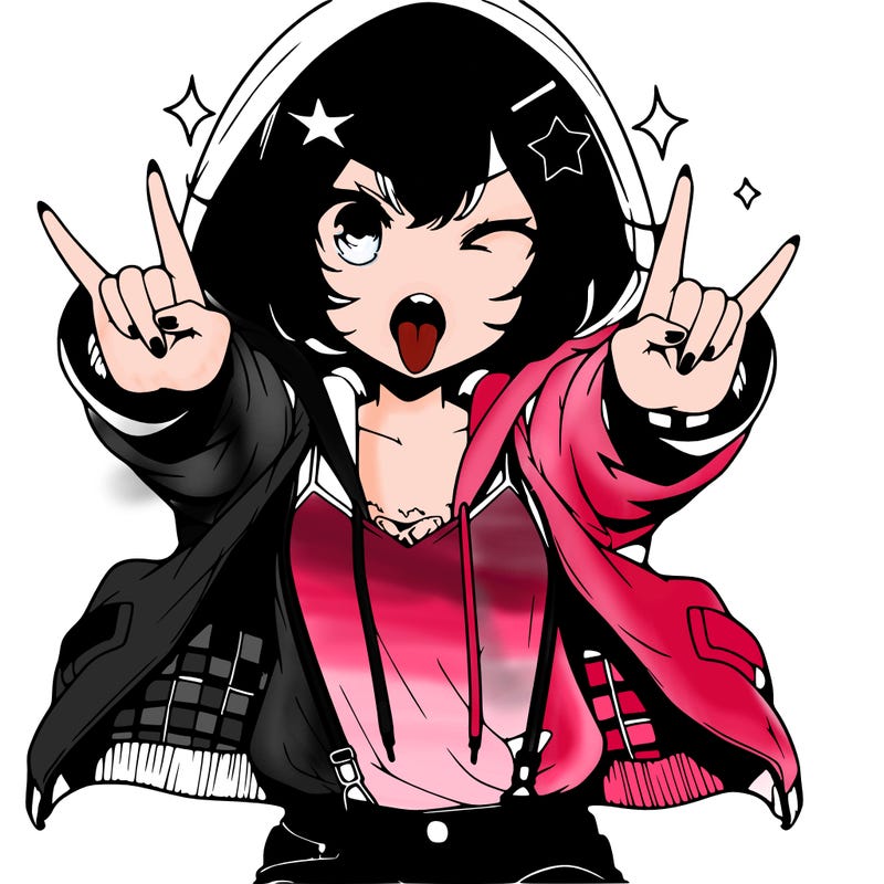 an anime girl,short hair,wearing a hoodie with a jacket on top,wearing jeans,star hair clip on hair,holding up rock and roll sign with both her hand facing forward in the middle,mouth open with tongue sticking out, pointy teeth