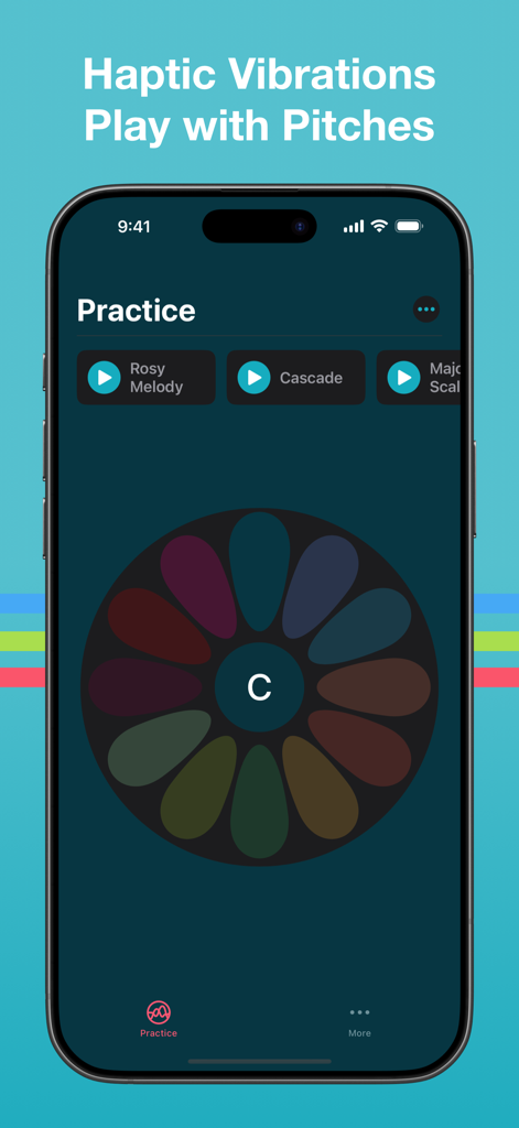 Perfect Pitch — Synesthesia - Pantalla de práctica de la aplicación Perfect Pitch Synesthesia con una rueda de colores para el entrenamiento de notas y retroalimentación de vibración háptica.