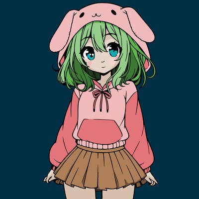 pretty anime girl wearing a fluffy hoodie with bunny ears on the hood and a skirt