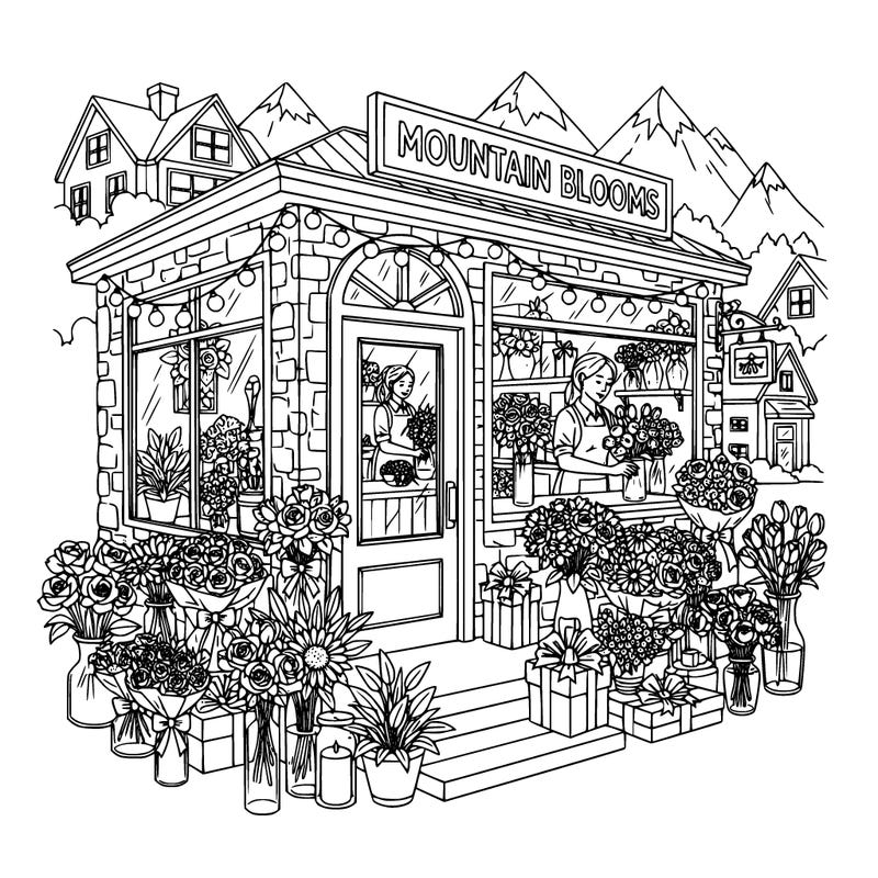flower shop in a small mountain town, show the different flowers, different designs and gifts, string lights, women working there