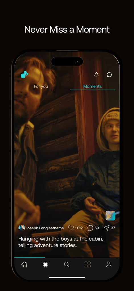 Chatter Social - Chatter Social app Moments screen showing a short form vertical video of friends in a cabin with social engagement icons