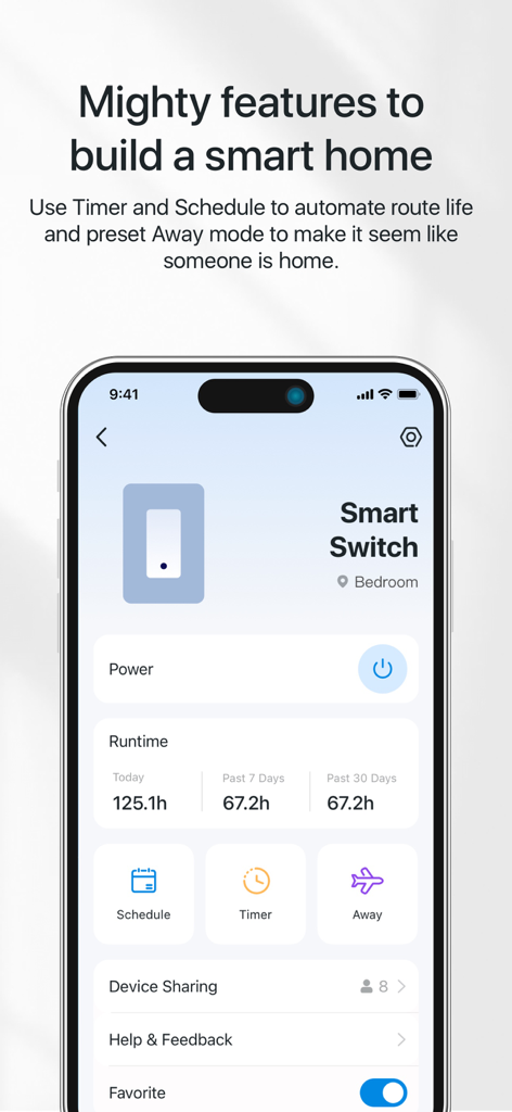 Smartphone screen displaying the TP-Link Tapo app smart switch control interface with automation features like schedule and timer.