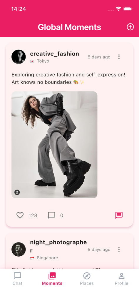Quin - Chat & Community - Feed de Momentos Globales de la aplicación Quin con una publicación de foto de moda de un usuario en Tokio