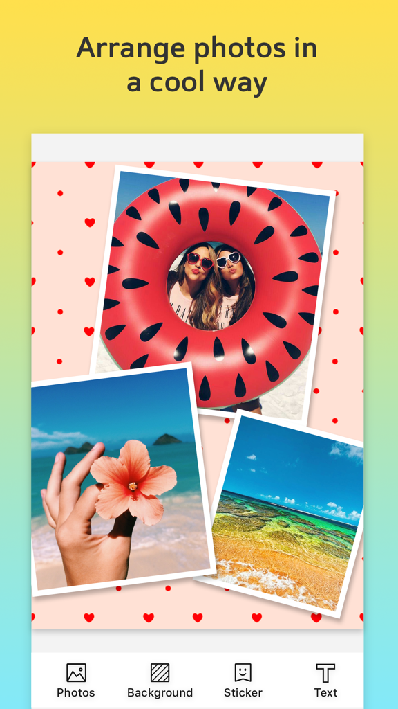 Picture Collage – Add Text to Pics & Photo Editor - Interfaccia di un'app di collage fotografici con foto di vacanze estive e uno sfondo a forma di cuore