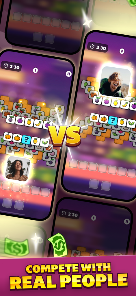 Tile Match - Win Cash - Mobile game screenshot of Tile Match Win Cash showing a competitive VS match between two real players with fruit tiles and prize money icons.