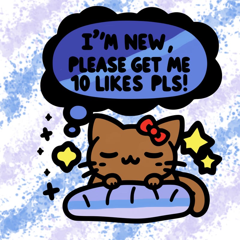 kitty taking a nap dream talking and saying "i'm new, please get me at least 10 likes pls!!"