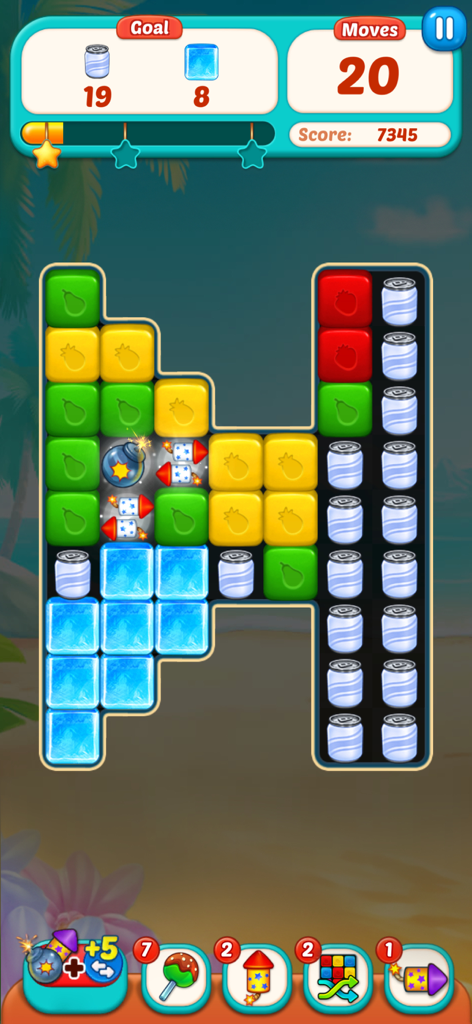 Fruit Cube Blast: Match 3 Game - Gameplay screenshot of Fruit Cube Blast showing colorful cubes and power-ups on a beach background