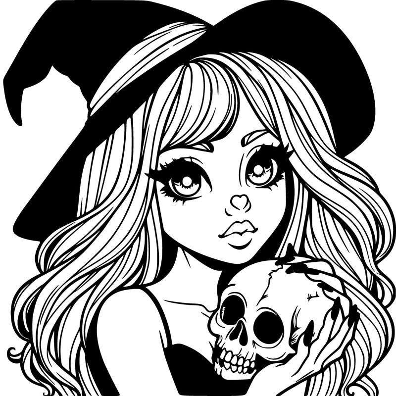 realistic witch girl holding skull