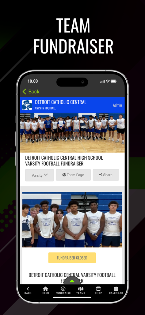 Blast Athletics - The Blast Athletics mobile app interface showing a high school football team fundraiser page.