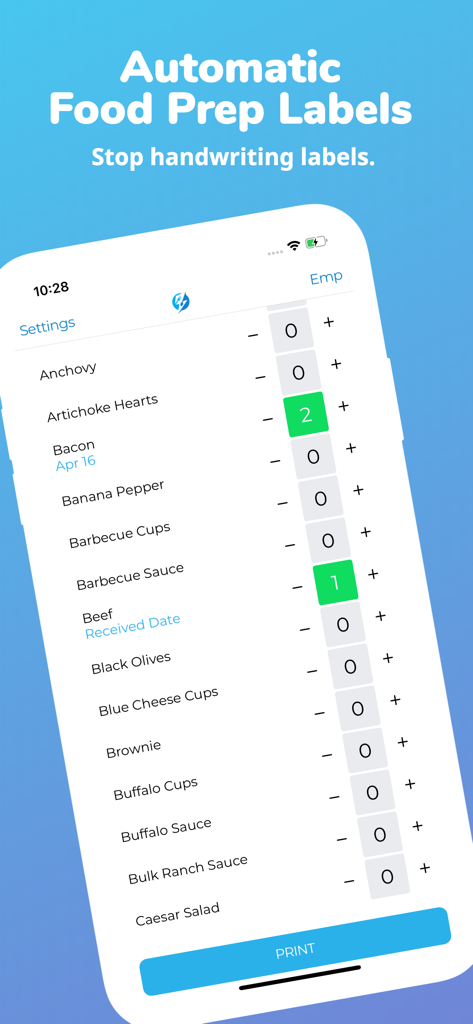 PrepWizard - PrepWizard app interface showing food items selection for automated prep labels