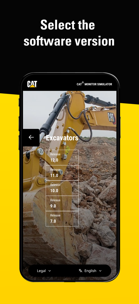 Cat® Monitor Simulator - Écran de sélection des versions du logiciel d'excavatrice Caterpillar dans l'application du simulateur d'écran