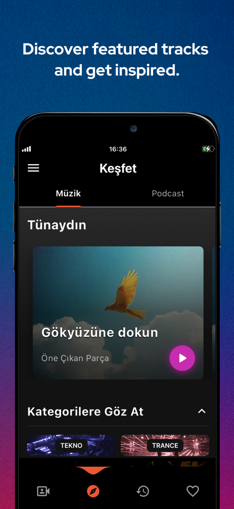 Sona: AI Music & Song Maker - Sona AI app interface showing the discover screen with featured music tracks and genre categories like techno and trance.
