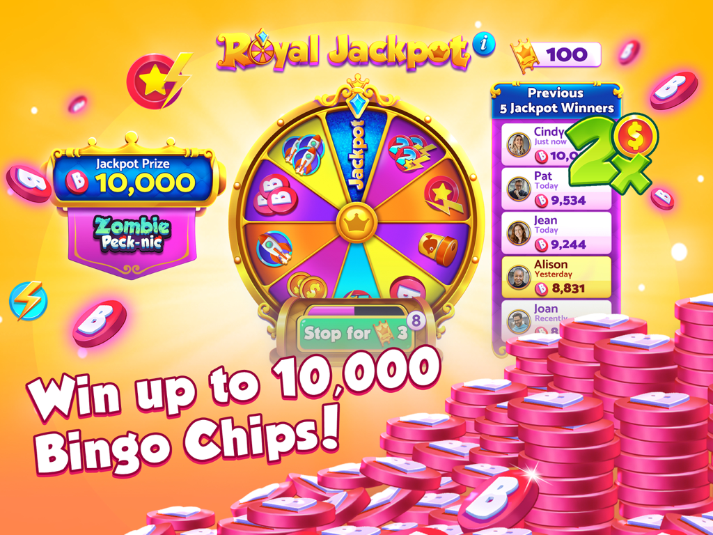 Bingo Bash HD Live Bingo Games - Bingo Bash Royal Jackpot wheel with stacks of pink chips and a ten thousand chip prize