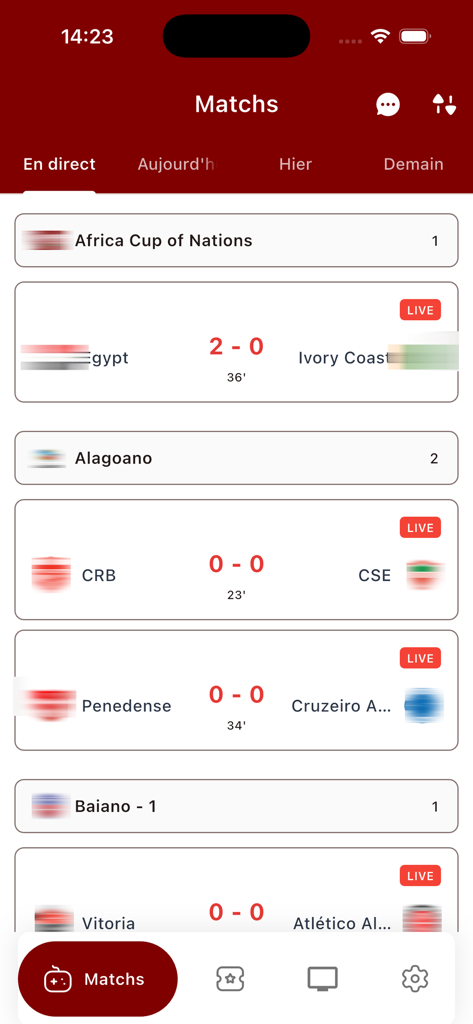 Yacine TV app interface showing live football scores for international leagues and matches
