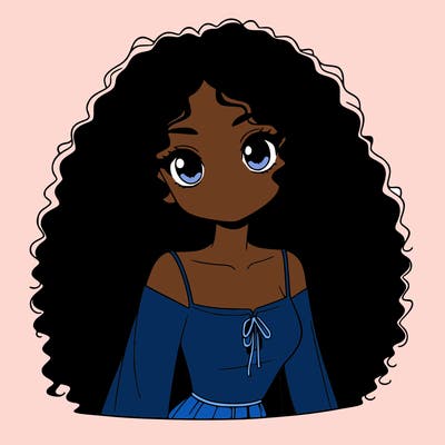 a black anime girl with long afro hair
