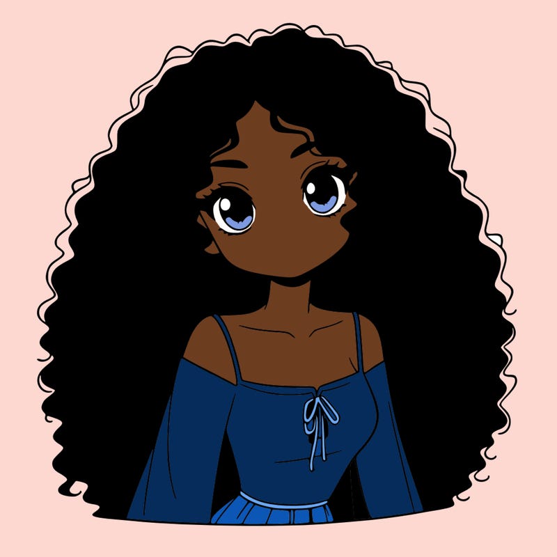 a black anime girl with long afro hair