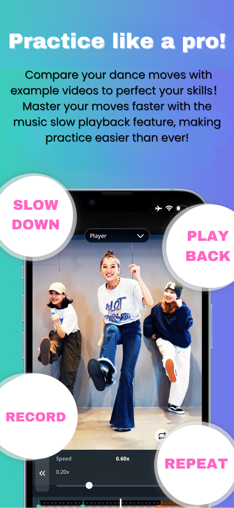 iPhone screen showing the DanceTribe app with slow playback and recording features for dancers