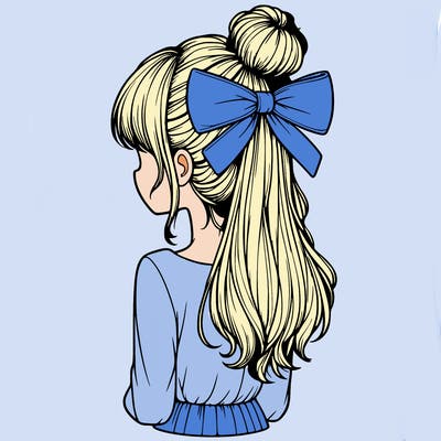realistic girl  with hip length hair a bun and a big bow on the back of head