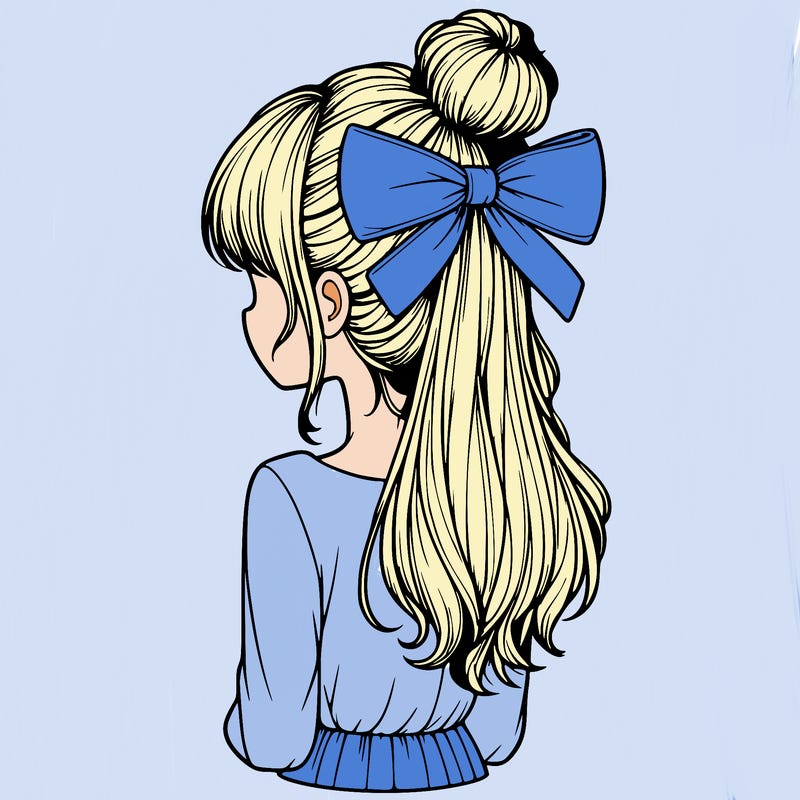 realistic girl  with hip length hair a bun and a big bow on the back of head