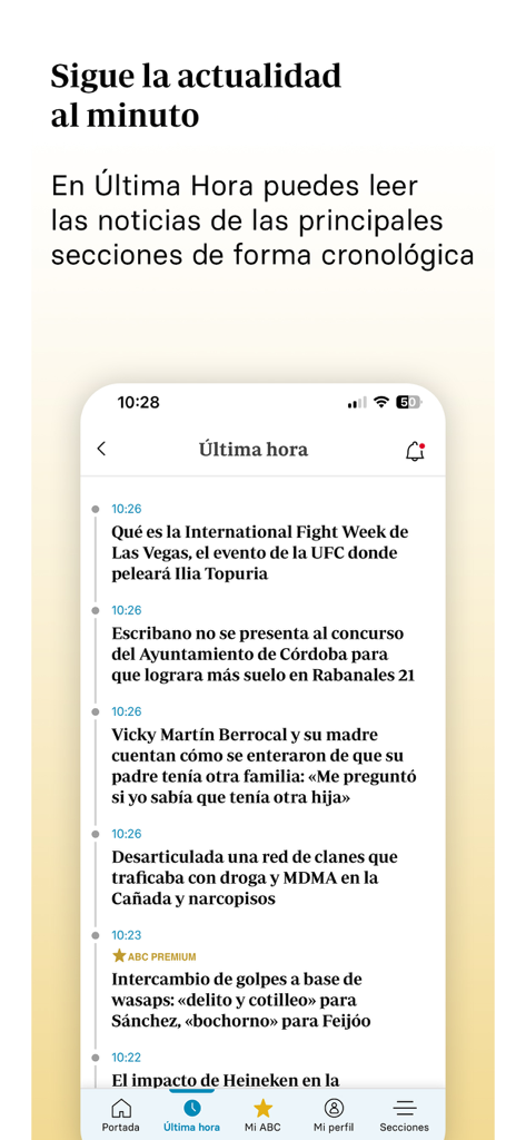 Aplicación móvil Diario ABC mostrando un feed de noticias de última hora en tiempo real en español