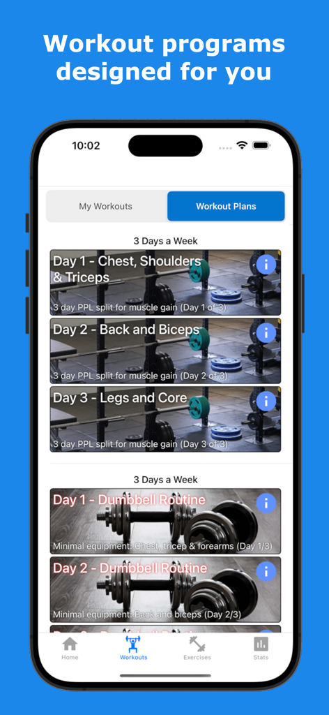 Gains - Gym Workout Plan & Log - Captura de pantalla de la sección de planes de entrenamiento en la aplicación de fitness Gains, mostrando diferentes rutinas de entrenamiento