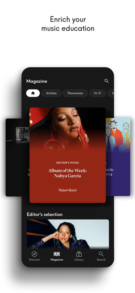 Qobuz: Music & Editorial - La sección de revista de la aplicación Qobuz presenta artículos editoriales de música y selecciones del editor.