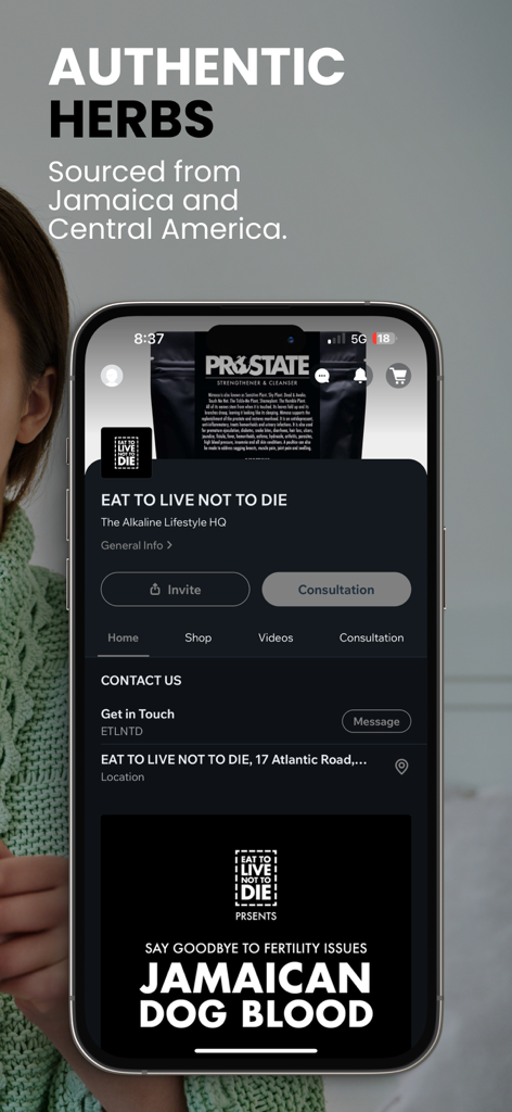 EAT TO LIVE NOT TO DIE - Mobile app interface for Eat to Live Not to Die showing authentic Jamaican herbs and health consultation services.
