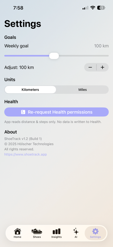 ShoeTrack - ShoeTrack app settings screen showing weekly goals units and health permissions