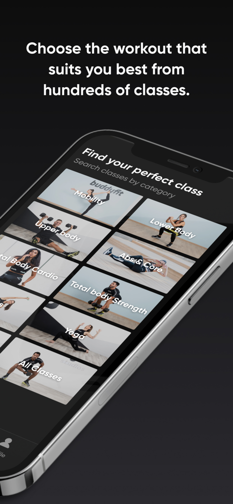 Buddyfit-App-Bildschirm mit verschiedenen Workout-Kategorien wie Yoga, Cardio und Krafttraining