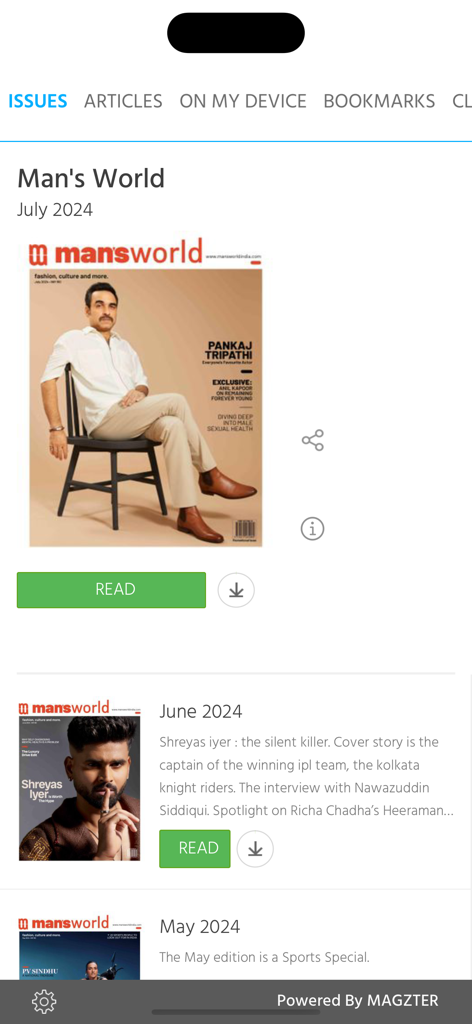 A screenshot of the Man's World magazine app displaying a list of monthly issues featuring cover stories and read buttons.