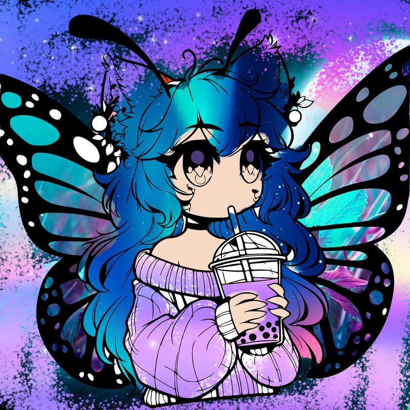 a realistic butterfly/furry girl drinking boba