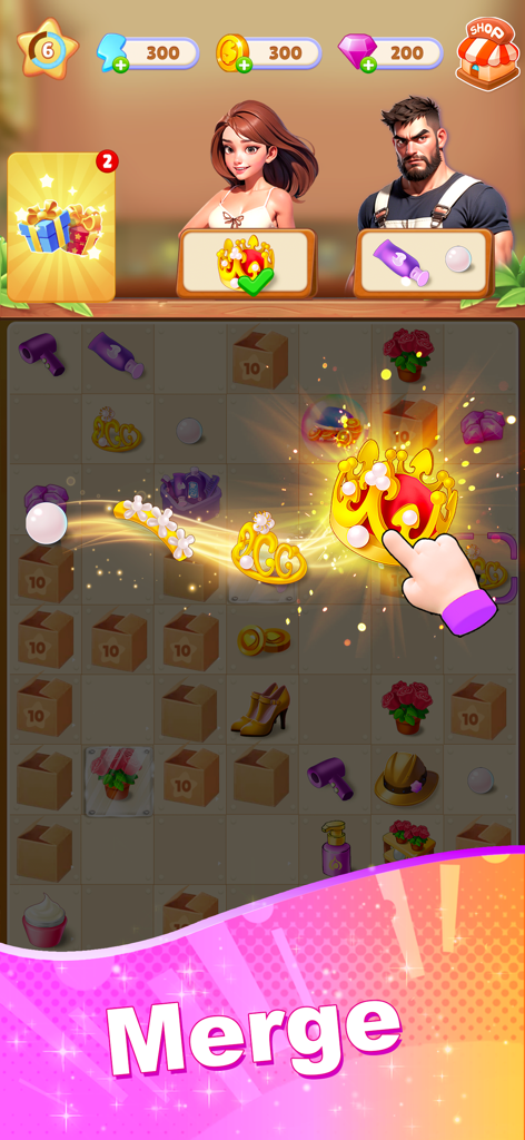 Sara's Secret : Merge&Makeover - A hand merging golden crowns on a puzzle board in the Saras Secret mobile game.