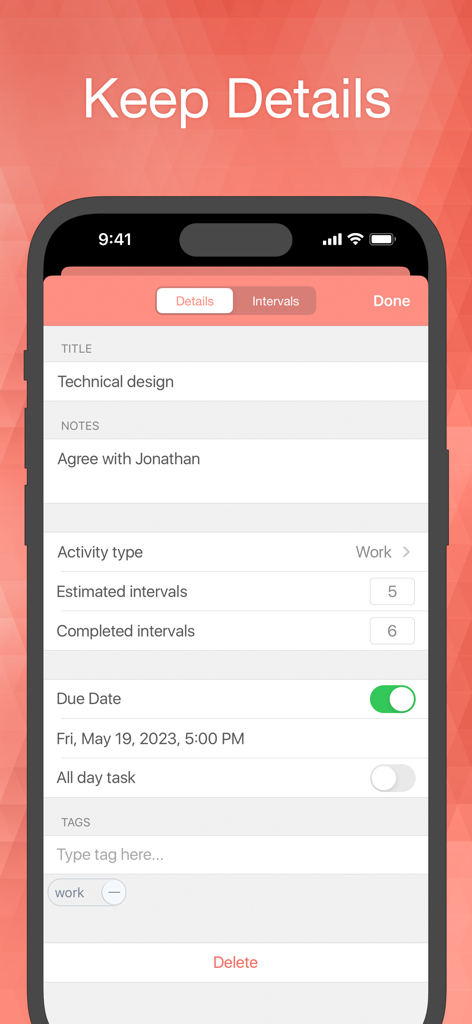 Be Focusedアプリのタスク管理画面。推定および完了した間隔の詳細な技術設計が表示されています。