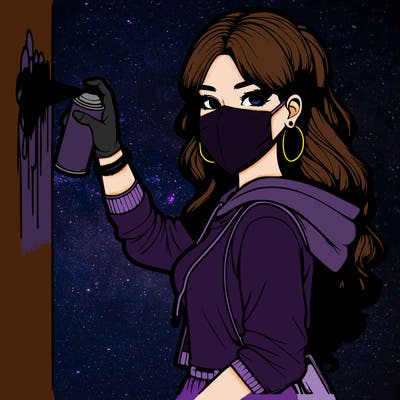 realistic girl with mask spray painting a wall