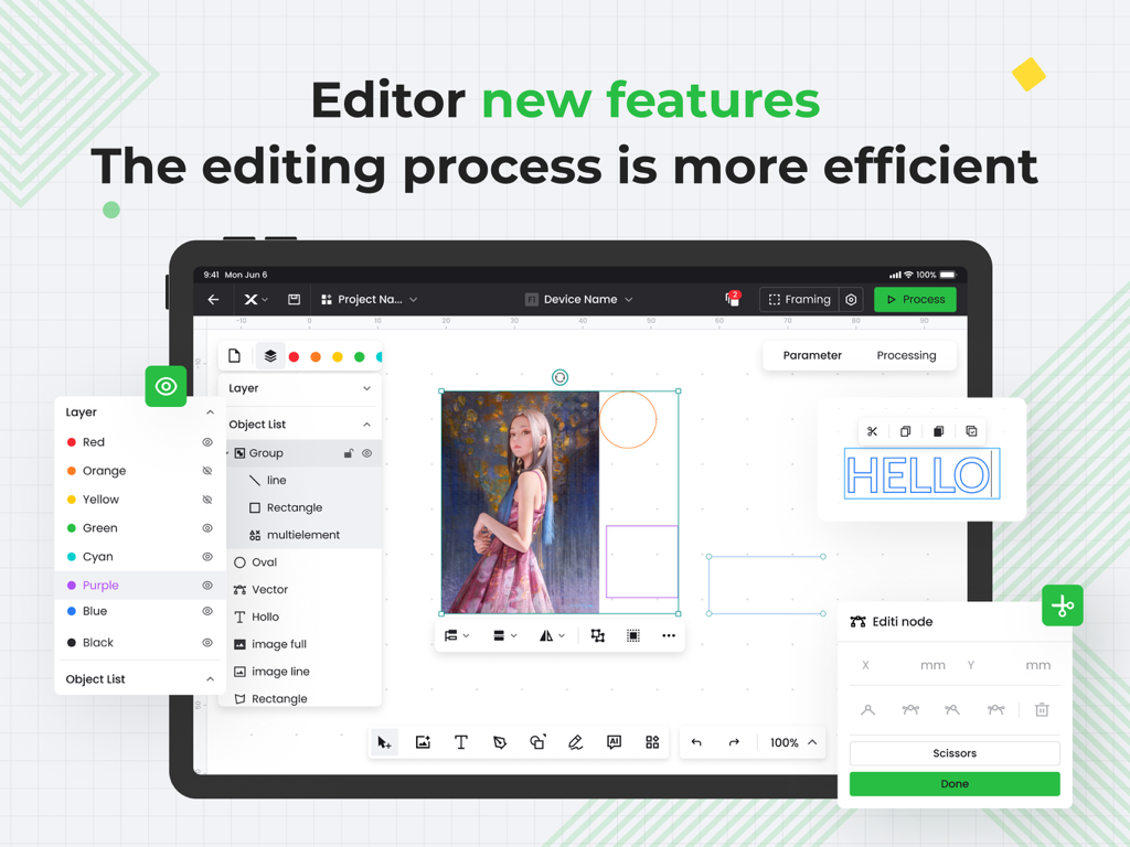 xTool Creative Space - Benutzeroberfläche der xTool Creative Space App auf dem iPad mit erweiterten Design-Tools und Ebenenverwaltung für Lasergravuren.