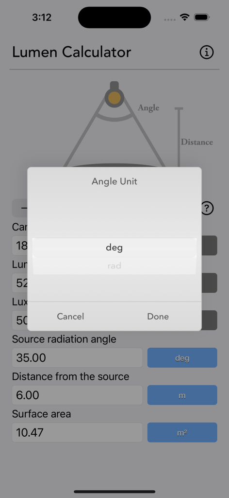 Lumen Calculator - Lumen Calculator App-Bildschirm mit einem Popup-Menü zur Auswahl zwischen Grad und Radiant für die Strahlungswinkeleinheit