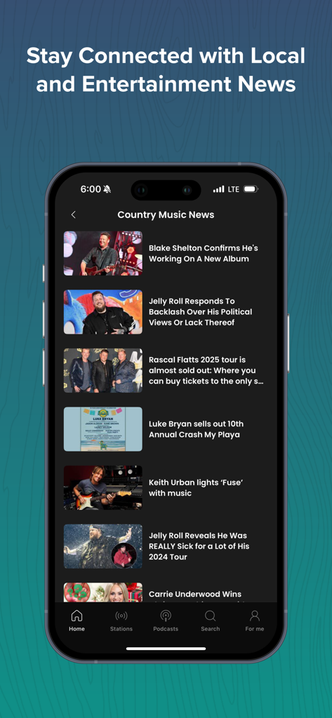 Smartphone screen showing the country music news section of The Big Pig app with articles about country artists