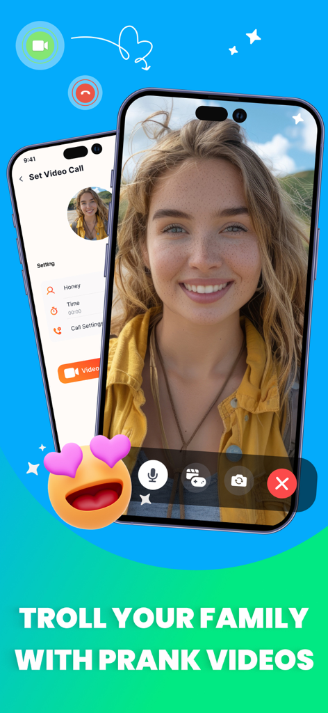 A smartphone showing a fake video call interface with a smiling girl and a prank call setup screen.