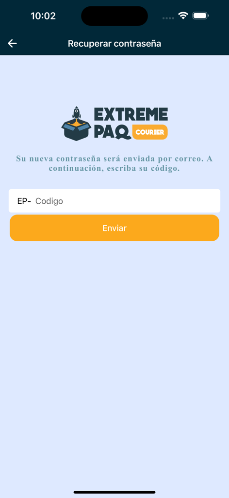 Extreme Paq - Extreme Paq mobile app password recovery screen with code entry and send button