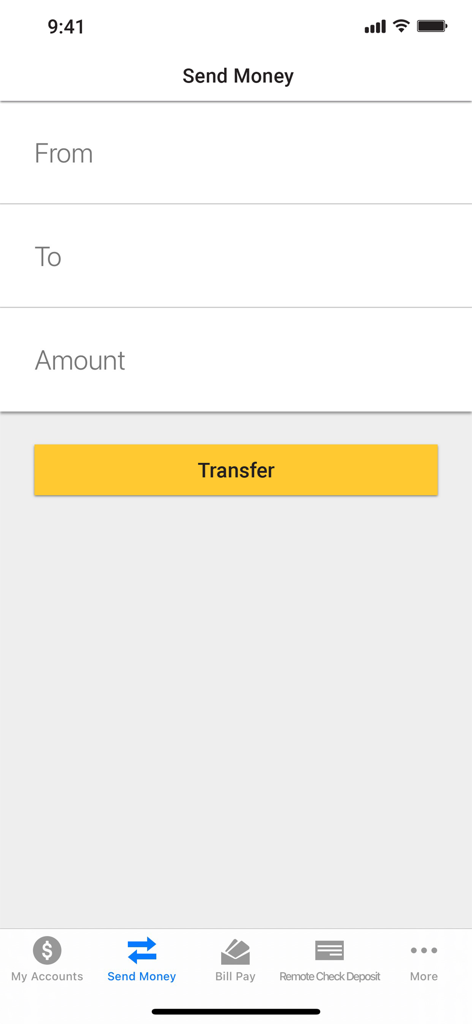 Screenshot of the Clearview Mobile App send money screen with fields for from, to, and amount to transfer funds