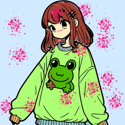 girl wearing frogging sweatshirt
