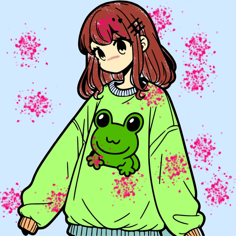 girl wearing frogging sweatshirt