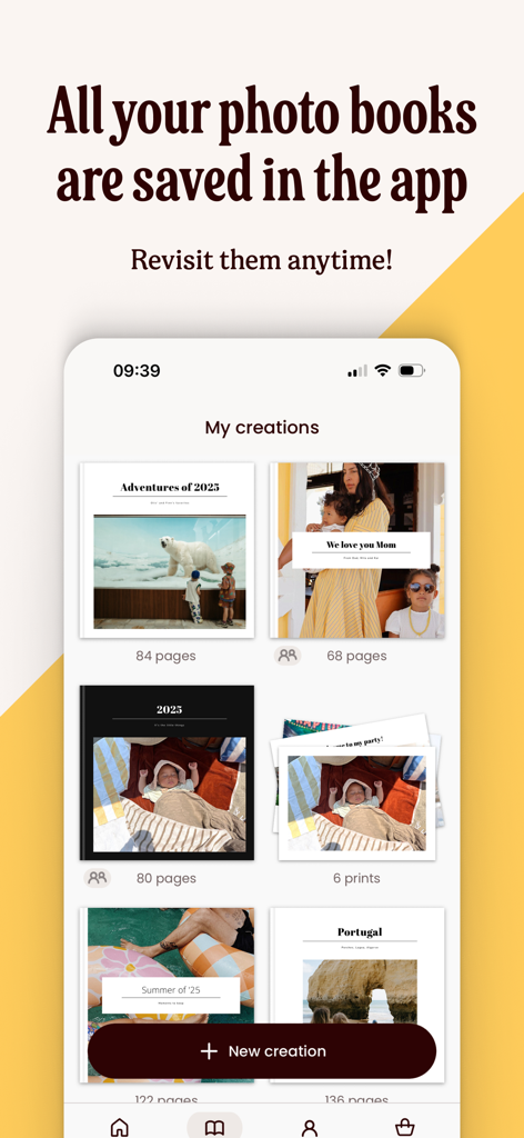 L'écran Mes créations de l'application Once Upon montrant une collection de livres photo et de tirages personnalisés.