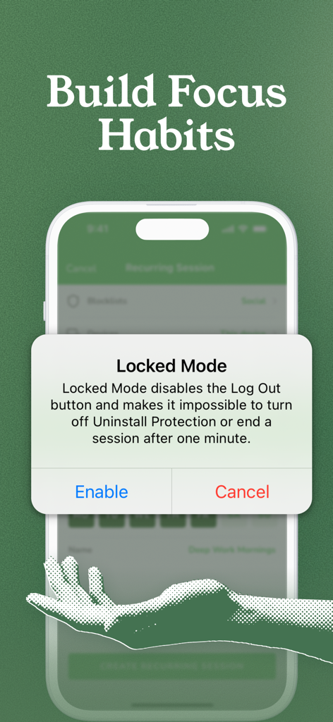 Freedom app screen showing Locked Mode popup for focused productivity