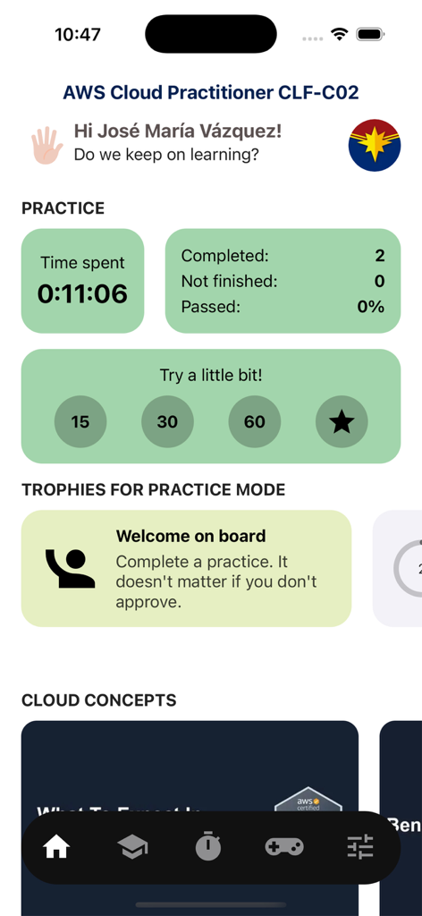 AWS Cloud Practitioner CLF-C02 - Dashboard der AWS Cloud Practitioner-Prüfungsvorbereitungs-App, das Übungsstatistiken und Erfolge anzeigt