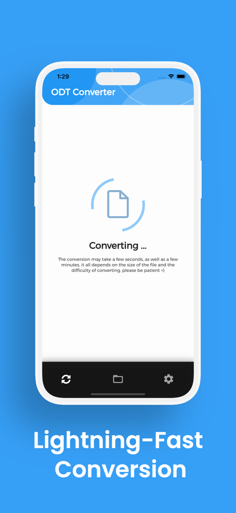 Um smartphone mostrando a interface do aplicativo Conversor ODT com uma tela de conversão ultrarrápida em andamento